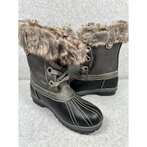 London Fog Milly Women's Winter Duck‎ Boots Faux Fur Trim Black Gray Size 8